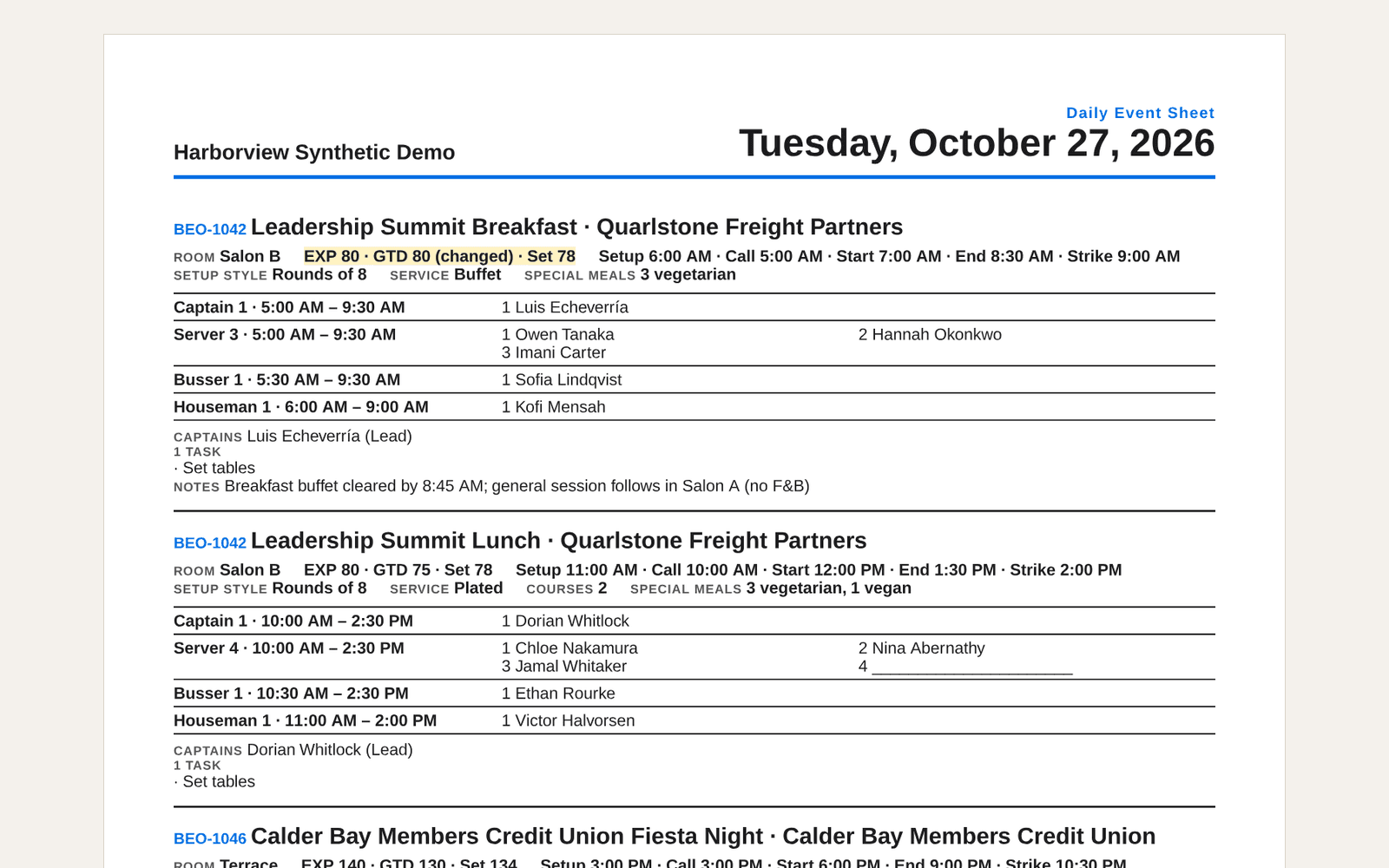 Page one of a Daily Event Sheet for Tuesday, with each event's crew by name.