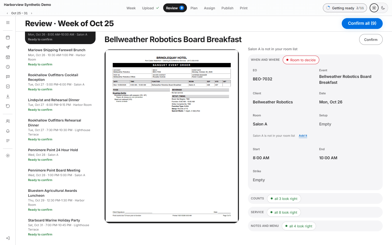 The Review screen: an event order page beside the fields read from it, with a room to decide.