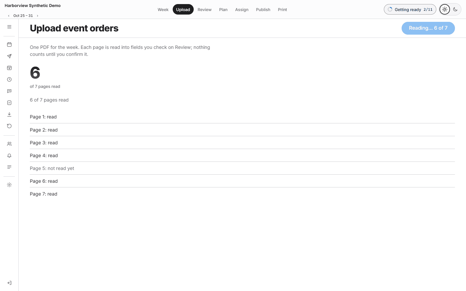 The Upload screen reading a week's event order PDF, six of seven pages read.
